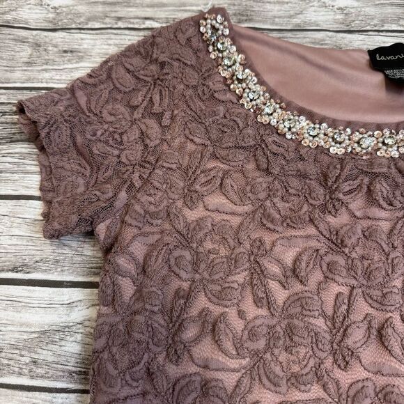 la vanya Women's Lace Overlay Jeweled Neck Tee T Shirt S SM Small Purple Stretch - Picture 4 of 12